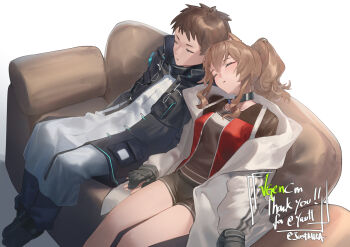1boy 1girl angelina_(arknights) animal_ears arknights artist_name black_collar black_gloves black_jacket black_pants black_shirt black_shorts blush breasts brown_hair closed_eyes coat collar commentary commission couch doctor_(arknights) dutch_angle english_commentary english_text feet_out_of_frame fox_ears fox_girl gloves hairband hetero highres holding_hands jacket leaning_on_person long_hair long_sleeves male_doctor_(arknights) medium_breasts medium_hair metal_collar mkrk_mikaerukung multicolored_hairband no_hairband on_couch open_clothes open_coat open_jacket pants parted_lips red_jacket shirt short_hair short_shorts shorts simple_background sitting sleeping twintails unzipped vgen_commission white_background white_coat white_cost