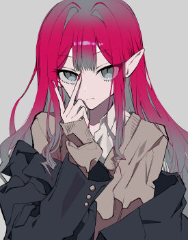 Rule 34 | 1girl, absurdres, baobhan sith (fate), black jacket, breasts, brown shirt, character name, commentary request, earrings, fate/grand order, fate (series), grey background, grey eyes, hand up, highres, jacket, jacket partially removed, jewelry, large breasts, long hair, long sleeves, looking at viewer, mochizuki kei (style), nail polish, official artist extra, pink hair, pointy ears, red hair, red nails, school uniform, shirt, sidelocks, simple background, solo, spot color, upper body, v, xiaox096