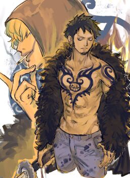 Rule 34 | 2boys, black hair, chest tattoo, cigarette, closed mouth, coat, collarbone, commentary request, donquixote rocinante, earrings, expressionless, facial hair, fire, fur coat, goatee, highres, holding, holding sword, holding weapon, hood, jewelry, male focus, multiple boys, one piece, smoking, sword, tattoo, thumb in pocket, toyokanko, trafalgar law, weapon
