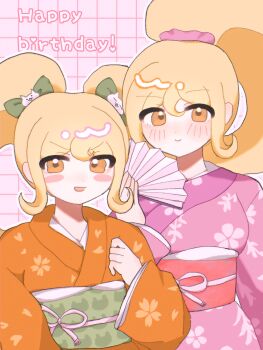 Rule 34 | 2girls, absurdres, aged up, blonde hair, blush, blush stickers, bow, closed mouth, commentary, danganronpa (series), danganronpa 2: goodbye despair, dual persona, english text, floral print, floral print kimono, green bow, green sash, grid background, hair bow, hand fan, happy birthday, heart, height difference, highres, holding, holding fan, japanese clothes, kimono, long hair, long sleeves, multiple girls, obi, official alternate hairstyle, open mouth, orange eyes, orange kimono, outline, pink background, pink kimono, ponytail, print kimono, red sash, sai riyo/ metcha tei fujo, saionji hiyoko, sash, smile, twintails, untranslatable commentary, upper body, white outline