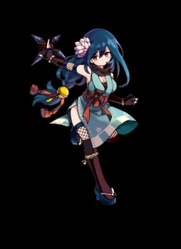 1girl bell black_background black_scarf black_socks blue_hair breasts cleavage closed_mouth fishnet_thighhighs fishnets flower full_body geta grey_eyes hair_bell hair_flower hair_ornament highres holding holding_shuriken holding_weapon izumi_(merc_storia) japanese_clothes kimono large_breasts long_hair low-tied_long_hair merc_storia merc_storia_art_team obi official_art pink_flower sash scarf short_kimono shuriken side_slit simple_background sleeveless sleeveless_kimono socks solo standing tachi-e thighhighs v-shaped_eyebrows weapon