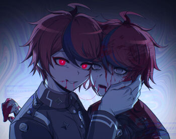 2boys absurdres ahoge blank_eyes blood blood_from_mouth blood_in_mouth blood_on_clothes blood_on_face blood_on_gloves blood_on_teeth blood_string dual_persona evil_grin evil_smile eyeliner gakuran gloves grin hand_on_another&#039;s_face highres hole_in_chest hole_on_body implied_kiss last_defense_academy_school_uniform makeup male_focus multicolored_hair multiple_boys official_alternate_eye_color possessed red_eyeliner red_eyes red_hair school_uniform selfcest short_hair smile spoilers streaked_hair sumino_takumi teeth the_hundred_line_-last_defense_academy- twitter_username upper_body white_gloves yaoi ziling zombie