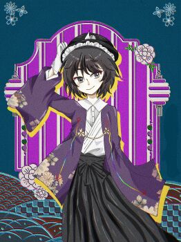 1other absurdres adapted_costume akddk263go69975 androgynous aqua_background black_bow black_hakama black_hat bow buttons closed_mouth collared_shirt commentary dress_shirt drop_shadow feet_out_of_frame floral_print frilled_headwear gloves grey_eyes hair_between_eyes hakama hakama_skirt hand_on_headwear haori happy hat highres jacket japanese_clothes kimono lantern layered_sleeves len&#039;en light_blush long_sleeves looking_at_viewer mob_cap other_focus paper_lantern print_jacket purple_background purple_hair purple_jacket shirt shirt_under_kimono shitodo_kuroji short_hair short_kimono skirt sleeves_past_fingers sleeves_past_wrists smile solo triangular_headpiece two-tone_background waist_bow white_gloves white_kimono white_shirt wide_sleeves