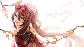 1girl absurdres branch brown_hair commentary_request eyewear_on_head flower flower-shaped_pupils from_behind genshin_impact hair_between_eyes hair_rings hat highres hu_tao_(cherries_snow-laden)_(genshin_impact) hu_tao_(genshin_impact) light_blush long_hair looking_at_viewer looking_back official_alternate_costume official_alternate_hairstyle open_mouth pyro_symbol_(genshin_impact) red-tinted_eyewear red_eyes round_eyewear smile solo symbol-shaped_pupils tinted_eyewear upper_body vision_(genshin_impact) white_hat yanagida_shiina yellow-framed_eyewear