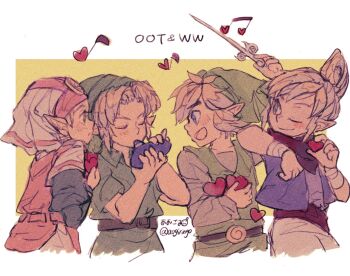 Rule 34 | 2boys, 2girls, aogoma, bandaged wrist, bandages, belt, blonde hair, blue eyes, blue jacket, blush, border, brown belt, closed eyes, closed mouth, commentary, copyright name, cropped torso, dual persona, green hat, green tunic, hat, heart, highres, holding, holding heart, holding wand, in-franchise crossover, instrument, jacket, link, long sleeves, multiple boys, multiple girls, music, musical note, nintendo, ocarina, one eye closed, parted bangs, playing instrument, pointy ears, princess zelda, shirt, short hair, sidelocks, sideways mouth, signature, simple background, sleeveless, sleeveless jacket, smile, tetra, the legend of zelda, the legend of zelda: ocarina of time, the legend of zelda: the wind waker, toon link, tunic, twitter username, untranslatable commentary, upper body, wand, white border, yellow background, young link
