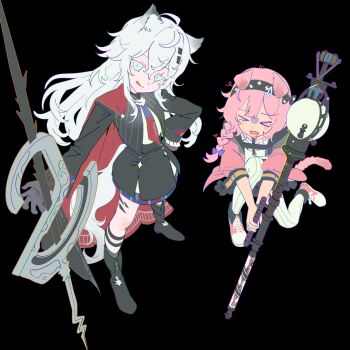 animal_ears arknights black_background black_gloves black_hairband black_jacket cat_ears from_above full_body gloves goldenglow_(arknights) gradient_necktie hair_between_eyes hair_ornament hairband hairclip highres jacket lappland_(arknights) lappland_the_decadenza_(arknights) lightning_bolt_print long_hair long_sleeves looking_at_viewer necktie pink_hair scar scar_across_eye scar_on_face shirt smile standing standing_on_one_leg two-tone_necktie white_shirt wolf_ears wolf_girl zhouer_de_wushui