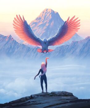 1girl animal arm_at_side artist_name barefoot bird cloud commentary day eagle english_commentary feathered_wings flying from_behind full_body gradient_hair highres long_hair long_sleeves mountain multicolored_hair offering_hand open_hand original outdoors outstretched_arm raide_(raiffie) reaching scenery sky solo standing very_long_hair wings