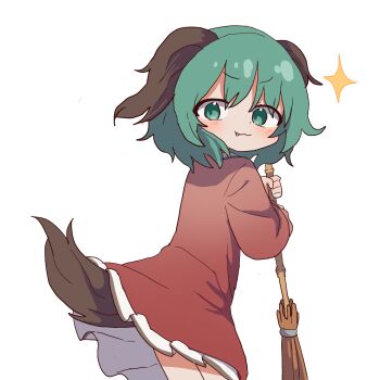 1girl animal_ears broom chibi chibi_only closed_mouth commentary cowboy_shot dog_ears dog_girl dog_tail dress fang feet_out_of_frame from_side green_eyes green_hair highres holding holding_broom kasodani_kyouko korean_commentary lifted_by_tail looking_at_viewer looking_back magg_(user_mtca8588) red_dress short_hair smug solo sparkle standing sweeping tail tail_raised touhou white_background