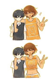 Rule 34 | 1girl, 2boys, antenna hair, arm on another's shoulder, black eyes, black hair, black sweater vest, blush, breasts, bright pupils, brown hair, closed eyes, closed mouth, collarbone, collared shirt, commentary request, dark-skinned female, dark-skinned male, dark skin, double-parted bangs, expressionless, genderswap, genderswap (mtf), hair between eyes, highres, kel (faraway) (omori), kel (omori), large breasts, looking at viewer, mars symbol, multiple boys, navel, omori, open mouth, salt xs2, shirt, short hair, short sleeves, simple background, smile, sunny (omori), sweat, sweater vest, v, venus symbol, white background, white pupils, white shirt