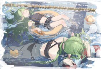 Rule 34 | 2girls, ball, bare legs, bare shoulders, blue archive, closed eyes, commentary, fainted, green hair, halo, highres, hikari (blue archive), kotowaza, lifebuoy, long hair, multiple girls, navel, nozomi (blue archive), open mouth, pointy ears, pool, rubber duck, swim ring, swimsuit, symbol-only commentary, tail