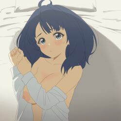 1girl ahoge animated bed bed_sheet blinking blue_eyes blue_hair blush bouncing_breasts breasts collarbone hands_up indoors large_breasts looking_at_viewer lying make_heroine_ga_oo_sugiru! medium_hair nipples no_bra on_back on_bed open_clothes open_mouth open_shirt pillow shirt sincos solo tagme ugoira video white_shirt yanami_anna