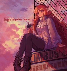 Rule 34 | 1girl, black footwear, black pants, boots, bow, brown hairband, chain-link fence, closed mouth, cloud, commentary request, cup, disposable cup, fence, feng bang, hair bow, hairband, happy valentine, highres, holding, holding cup, ishmael (project moon), jacket, limbus company, long hair, long sleeves, looking at viewer, orange hair, outdoors, pants, project moon, sitting, smile, solo, very long hair, white bow, white jacket