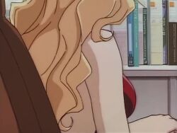 1990s_(style) 1girl animated anime_screenshot blonde_hair bodysuit bouncing_breasts breast_focus breasts breasts_apart center_opening cleavage clothing_cutout collarbone covered_erect_nipples golden_boy large_breasts lips lipstick long_hair makeup no_bra onna_shachou red_bodysuit red_eyes retro_artstyle sleeveless sound tagme tight_clothes video wavy_hair