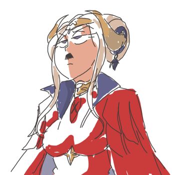 1girl adolf_hitler cape davewaterfalls edelgard_von_hresvelg edelgard_von_hresvelg_(timeskip) facial_hair fire_emblem fire_emblem:_three_houses hair_bun hair_ornament mustache nintendo purple_eyes simple_background solo toothbrush_mustache white_hair