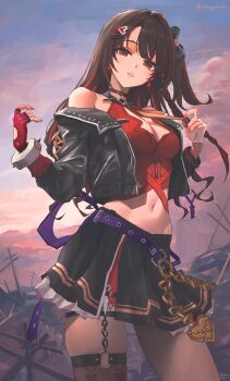 Rule 34 | 1girl, absurdres, asymmetrical gloves, bare shoulders, belt, black jacket, black skirt, brown eyes, brown hair, cloud, cloudy sky, commentary request, cowboy shot, cropped legs, evening, fingerless gloves, gloves, gradient sky, hair intakes, hair ornament, highres, idolmaster, idolmaster cinderella girls, jacket, leather, leather jacket, looking at viewer, midriff, mismatched gloves, navel, one side up, open clothes, open jacket, outdoors, purple belt, qingli ye, red gloves, red shirt, shimamura uzuki, shirt, skindentation, skirt, sky, solo, white gloves