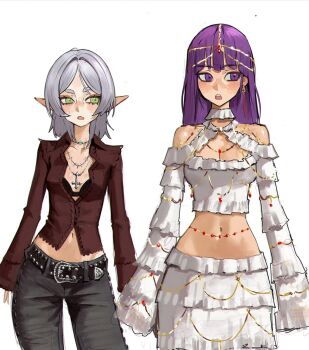 Rule 34 | 2girls, alternate costume, belt, black belt, black bra, black pants, bra, bra peek, breasts, brown shirt, cleavage, cross necklace, elf, fern (sousou no frieren), frieren, green eyes, grey hair, highres, inverted cross, inverted cross necklace, long hair, medium breasts, medium hair, multiple girls, navel, pants, pointy ears, purple eyes, purple hair, shirt, simple background, skirt, small breasts, sousou no frieren, tefi blum, underwear, white background, white shirt, white skirt