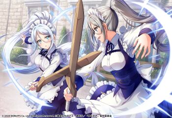 2020 2girls absurdres apron black_dress blue_eyes blush breasts cosplay crossover d4dj dress fighting frilled_apron frills grey_hair high_ponytail highres large_breasts long_hair long_sleeves maid maid_apron maid_headdress multiple_girls niijima_ibuki official_art open_mouth ponytail shirt sword sylpha_(dai_nana_oji) sylpha_langlis_(cosplay) tensei_shitara_dai_nana_oji_datta_no_de:_kimama_ni_majutsu_o_kiwamemasu third-party_source very_long_hair weapon white_hair white_shirt wooden_sword