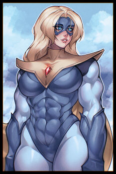 1girl absurdres blonde_blazer blonde_hair blue_eyes blue_mask breasts commentary cropped_legs dispatch english_commentary eye_mask gloves highres large_breasts lips long_hair mask milka01477 muscular muscular_female skin_tight solo standing superhero_costume