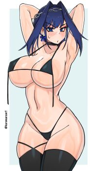 1girl armpits arms_behind_head arms_up bikini black_bikini black_thighhighs blue_background blue_eyes blue_hair blush breasts closed_mouth collarbone covered_erect_nipples cowboy_shot dot_mouth dot_nose earrings embarrassed eyelashes female_focus highres hololive hololive_english huge_breasts jewelry kuromaruart looking_at_viewer matching_hair/eyes medium_hair open_clothes ouro_kronii serious simple_background solo standing swimsuit thighhighs two-tone_background untied_bikini virtual_youtuber white_background wide_hips
