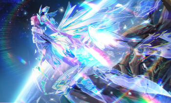 Rule 34 | 1girl, absurdres, aemeath (wuthering waves), ahoge, bare shoulders, chromatic aberration, closed eyes, commentary, elbow gloves, english commentary, exostrider (wuthering waves), gloves, hair ornament, highres, long hair, mecha, parted lips, pink hair, planet, ponytail, robot, sidelocks, solo, space, very long hair, white gloves, wuthering waves, xude