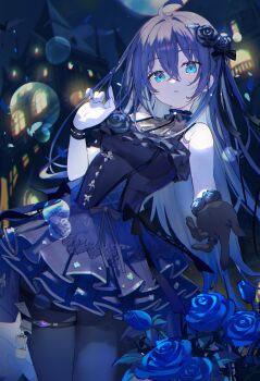 1girl absurdres bare_shoulders black_dress black_flower black_gloves black_pantyhose black_rose blue_flower blue_hair bracelet commentary_request commission dress flower gloves hair_flower hair_ornament highres indie_utaite jewelry layered_dress long_hair looking_at_viewer pantyhose rose second-party_source single_glove sleeveless sleeveless_dress solo tatsukisan utaite virtual_youtuber yaya_mugi_(utaite)