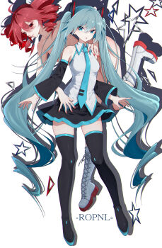 2girls absurdres bare_shoulders black_boots black_skirt black_sleeves blue_eyes blue_hair blue_nails blue_necktie boots closed_mouth completely_nude detached_sleeves drill_hair hair_between_eyes hand_on_another&#039;s_shoulder hatsune_miku highres kasane_teto kneehighs long_hair looking_at_viewer multiple_girls necktie nude open_mouth red_eyes red_hair red_nails shirt sidelocks skirt socks thigh_boots tiandingfengren twin_drills twintails vocaloid white_boots white_shirt