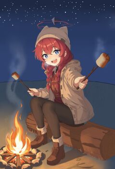 1girl :d beanie black_pantyhose blue_archive blue_eyes blue_shorts boots braid branch breath bright_pupils brown_boots brown_hat brown_jacket campfire chinese_commentary commentary_request dual_persona fire full_body hair_between_eyes halo happy hat highres holding holding_branch hood hood_down hooded_jacket jacket knees_up lace-up_boots log long_hair looking_at_viewer low_twin_braids maki_(blue_archive) maki_(camp)_(blue_archive) night official_alternate_costume official_alternate_hairstyle open_clothes open_jacket open_mouth outdoors pantyhose red_hair red_halo red_sweater shadow short_shorts shorts sitting sitting_on_log smile solo steam sweater teeth twin_braids underlighting upper_teeth_only white_pupils zq15850716285