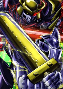 Rule 34 | armor, battle, black armor, blue eyes, commentary request, darkknightmon, digimon, digimon (creature), grey armor, heterochromia, highres, holding, holding sword, holding weapon, knight, knightmon, natriumna01, red eyes, sword, weapon, yellow eyes