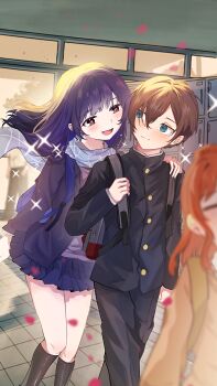 1boy absurdres black_hair blazer blue_scarf blush boku_no_kokoro_no_yabai_yatsu brown_eyes brown_hair cardigan closed_mouth commentary couple falling_petals gakuran getabako hair_between_eyes hand_on_another&#039;s_shoulder hetero highres ichikawa_kyoutarou indoors jacket long_hair long_sleeves looking_at_another open_mouth petals purple_cardigan purple_jacket purple_skirt ringed_eyes sakyoiui scarf school_uniform sekine_moeko short_hair skirt smile sparkle standing tile_floor tiles yamada_anna