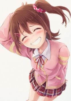 Rule 34 | 1girl, arigato (rmskrtkdlqj), arm behind head, blush, brown hair, closed eyes, commentary request, facing viewer, grin, hair ornament, hair scrunchie, hairclip, head tilt, idolmaster, idolmaster million live!, kasuga mirai, long sleeves, miniskirt, one side up, pink shirt, plaid clothes, plaid skirt, pleated skirt, raised inner eyebrows, scrunchie, shirt, skirt, smile, solo, white background