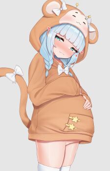 1girl absurdres animal_hood big_belly blue_hair blush braid highres hood jelly_hoshiumi loli phase_connect pregnant pregnant_loli sleepypudding solo tail thighhighs virtual_youtuber white_thighhighs