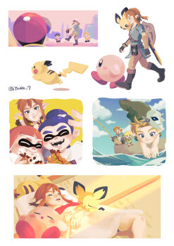 1girl 6+boys :d ^_^ absurdres animal_crossing baseball baseball_cap blonde_hair blue_hair blue_sky brown_gloves chewing closed_eyes cloud commentary_request fishing fishing_rod gen_1_pokemon gen_2_pokemon gloves green_hat hat highres holding holding_fishing_rod inkling inkling_boy inkling_girl inkling_player_character kirby kirby_(series) link long_hair lucas_(mother_3) lying mask mother_(series) mother_2 mother_3 multiple_boys ness_(mother_2) nintendo on_back open_mouth orange_hair panmimi pichu pikachu pokemon pokemon_(creature) seanwich_(splatoon) sky sleeping smile splatoon_(series) splatoon_1 super_smash_bros. tentacle_hair the_legend_of_zelda the_legend_of_zelda:_breath_of_the_wild the_legend_of_zelda:_majora's_mask the_legend_of_zelda:_the_wind_waker toon_link unworn_mask villager_(animal_crossing) young_link