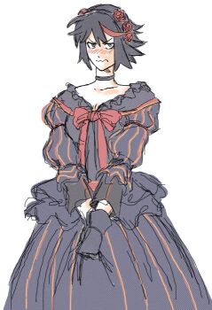 10s 1girl angry beatrice_(cosplay) beatrice_(umineko) black_dress black_hair black_skirt blush breasts choker cleavage closed_mouth cosplay dress female_focus gloves goth_fashion gothic_lolita gutsbro14 hair_ornament hairband hands_on_own_thighs kill_la_kill lolita_fashion looking_at_viewer matoi_ryuuko multicolored_hair own_hands_together red_hair red_ribbon ribbon short_hair simple_background skirt solo standing tomboy two-tone_hair umineko_no_naku_koro_ni white_background