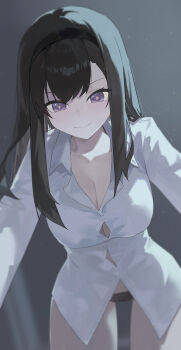 1girl absurdres arknights black_hair black_hairband black_panties breasts button_gap buttons cleavage closed_mouth collared_shirt diamond-shaped_pupils diamond_(shape) dress_shirt hairband highres large_breasts light_blush light_particles looking_at_viewer medium_hair no_pants panties priestess_(arknights) purple_eyes shirt smile solo symbol-shaped_pupils underwear white_shirt yorei_8338