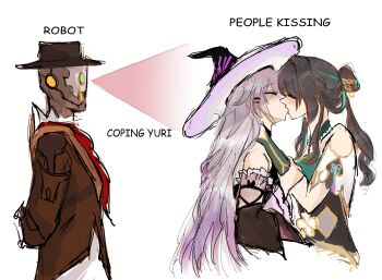 1boy 2girls aqua_hair arms_behind_back bare_shoulders black_dress black_hair black_hat black_sleeves blush brown_jacket china_dress chinese_clothes closed_eyes clothing_cutout commentary detached_sleeves dress english_commentary english_text french_kiss gloves gradient_hair green_dress green_gloves grey_armor grey_hair hair_between_eyes hair_bun hair_ornament hair_stick hairclip hand_on_another&#039;s_neck hat herta_(honkai:_star_rail) highres honkai:_star_rail honkai_(series) jacket jewelry kiss lapels long_hair long_sleeves looking_at_another low_ponytail mandarin_collar monocle multicolored_hair multiple_girls necklace necktie open_clothes open_jacket pearl_necklace ponytail purple_hair red_hair red_necktie robot ruan_mei_(honkai:_star_rail) screwllum_(honkai:_star_rail) shirt short_sleeves shoulder_cutout sidelocks simple_background sleepybelleza sleeveless sleeveless_dress strapless strapless_dress streaked_hair the_herta_(honkai:_star_rail) upper_body white_background white_shirt wide_sleeves witch_hat yuri