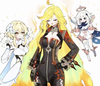 3girls ahoge biker_clothes bikesuit black_bodysuit blonde_hair bodysuit breasts cleavage dress earrings fiery_hair fire flower food genshin_impact hair_between_eyes hair_flower hair_ornament highres jewelry long_hair lumine_(genshin_impact) marshmallow mavuika_(genshin_impact) medium_breasts multicolored_hair multiple_girls nirako_mona orange_hair paimon_(genshin_impact) red_hair short_hair_with_long_locks smile two-tone_hair very_long_hair white_dress yellow_eyes