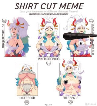 ! 1girl abs absurdres annoyed aqua_hair artist_collaboration bandages breasts breasts_apart budget_sarashi chain chart cleavage clenched_hand club club_(weapon) collarbone commentary covered_erect_nipples cowboy_shot cuffs curled_horns dated disgust english_commentary english_text from_below fundoshi green_hair grin groin hair_ornament hair_stick hand_on_own_hip hand_up hands_on_own_hips high_ponytail highres holding holding_weapon horns huge_breasts japanese_clothes kanabou kimono lewdamone lewdssonk long_hair looking_at_viewer looking_down meme multicolored_hair multicolored_horns multiple_drawing_challenge multiple_views muscular muscular_female navel one_piece oni open_mouth pasties plunging_neckline ponytail raised_eyebrow red_eyes red_horns rope sarashi shackles shimenawa shirt_cut_meme sideboob skull sleeveless sleeveless_kimono smile steaming_body stomach surprised sweat topless_female underboob underwear underwear_only upper_body v-shaped_eyebrows very_long_hair weapon white_hair yamato_(one_piece) yellow_horns
