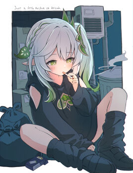 1girl alley alternate_costume baggy_clothes between_fingers black_boots black_hoodie boots border box cardboard_box casual chain chain_necklace cigarette cigarette_pack commentary cross-shaped_pupils drawstring english_text full_body genshin_impact gradient_hair hair_ornament half_crown_braid heart_pendant highres holding holding_cigarette hood hood_down hoodie jewelry leaf_hair_ornament long_sleeves loose_socks mouth_hold multicolored_hair nahida_(genshin_impact) necklace out_of_character outside_border pendant pointy_ears sasanekomaru shoulder_peek side_ponytail smoke smoke_trail smoking socks solo symbol-shaped_pupils trash trash_bag trash_can white_border