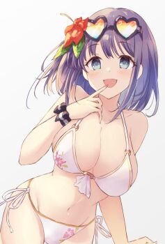 Rule 34 | 1girl, bikini, breasts, eyewear on head, finger to mouth, floral print, flower, hibiscus, highres, large breasts, looking at viewer, misora (princess connect!), misora (summer) (princess connect!), multicolor-tinted eyewear, navel, princess connect!, print bikini, rainbow-tinted eyewear, ririka (ab-yuri), side-tie bikini bottom, single wrist cuff, swimsuit, tinted eyewear, white bikini, wrist cuffs
