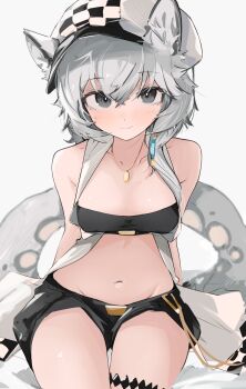 1girl animal_ears arknights bandeau black_bandeau black_shorts breasts cliffheart_(arknights) cowboy_shot crossed_bangs grey_eyes grey_hair groin hair_between_eyes hat highres jewelry light_blush looking_at_viewer mikozin navel necklace short_hair short_shorts shorts simple_background sitting small_breasts smile snow_leopard_ears snow_leopard_girl snow_leopard_tail solo tail thigh_strap thighs white_background white_hat