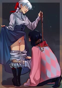 1boy 1girl absurdres argyle_clothes argyle_coat black_boots black_hair bloomers bloomers_pull blue_skirt boots bow braid braided_ponytail button_up_skirt clothes_lift coat coat_on_shoulders commentary english_commentary female_pubic_hair femdom frankensteinsmonsterfucker hair_bow high-waist_skirt highres holding holding_leash howl_no_ugoku_shiro howl_pendragon kneeling leash long_skirt looking_at_another pubic_hair pussy red_bow skelliefranky skirt skirt_lift sophie_hatter_(howl_no_ugoku_shiro) standing underwear undressing_another white_bloomers white_hair