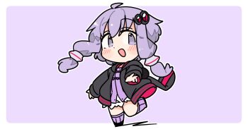 Rule 34 | 1girl, :d, ahoge, black jacket, black shoes, blush, border, chibi, chibi only, dot nose, dress, full body, hair ornament, ini (inunabe00), jacket, long sleeves, looking at viewer, open clothes, open jacket, open mouth, outline, outside border, purple background, purple dress, purple eyes, purple hair, purple thighhighs, shoes, short hair with long locks, simple background, smile, solo, standing, standing on one leg, thighhighs, vocaloid, voiceroid, white border, white outline, yuzuki yukari