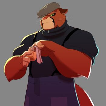 1boy bara black_sweater broad_shoulders cat_boy cleaning_rag cowboy_shot cup denim drinking_glass furry furry_male green_eyes grey_background hat_over_one_eye highres holding holding_cup jeans lackadaisy large_hands looking_at_viewer muscular_arms orange_fur pants shot_glass simple_background strongman_waist suspenders sweater thick_eyebrows turtleneck turtleneck_sweater viktor_vasko