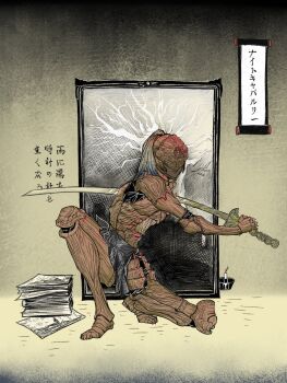 1boy ahab1793 armor candle closed_mouth commentary_request covered_eyes dark_skin drawing_sword elden_ring elden_ring_nightreign erdtree_(elden_ring) executor_(elden_ring) full_body helmet helmet_over_eyes highres holding holding_sword holding_weapon injury katana official_alternate_costume on_one_knee painting_(object) paper_stack scroll simple_background solo sword topknot weapon