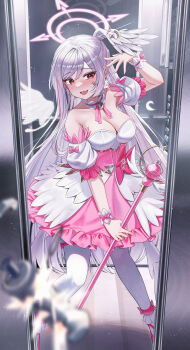 1girl absurdres arch_a4 bare_shoulders blue_archive breasts cleavage detached_sleeves dress grey_hair halo hand_up highres holding holding_staff indoors large_breasts long_hair multicolored_hair official_alternate_costume open_mouth pink_dress pink_hair pink_shoes puffy_short_sleeves puffy_sleeves shoes short_sleeves smile solo staff standing streaked_hair suzumi_(blue_archive) suzumi_(magical)_(blue_archive) thighhighs white_thighhighs