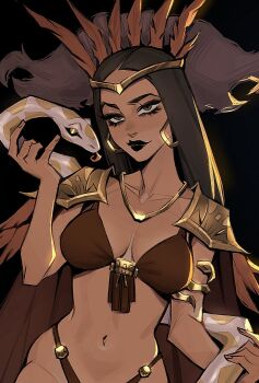 1girl animal armlet armor bikini black_hair black_lips breasts breasts_apart brown_bikini brown_eyes cape closed_mouth collarbone crown earrings eyelashes feathers from_dusk_till_dawn highres holding holding_animal holding_snake jewelry long_hair looking_at_viewer medium_breasts navel necklace raised_eyebrow santanico_pandemonium shoulder_armor snake snake_earrings stomach straight_hair swimsuit ykshelter