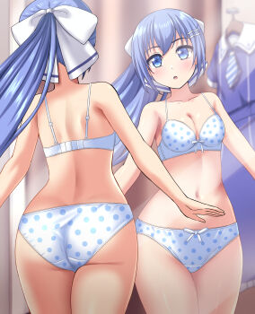1girl :o absurdres ass back blue_bra blue_eyes blue_hair blue_panties blurry blurry_background blush bow bow_bra bow_panties bra breasts cleavage commentary_request commission crotch_seam depth_of_field fitting_room hair_ornament hair_ribbon hairclip highres indoors lace lace-trimmed_bra lace-trimmed_panties lace_trim looking_at_viewer navel original panties partial_commentary pixiv_commission polka_dot polka_dot_bra polka_dot_panties ponytail reflection ribbon school_uniform small_breasts solo standing underwear underwear_only unworn_clothes white_ribbon zanntetu