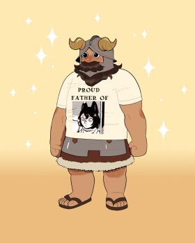 1boy alternate_costume beard blush character_print dad_shirt dilated_pupils draw_ju dungeon_meshi dwarf facial_hair fake_horns full_body gradient_background helmet highres horned_helmet horns izutsumi long_beard looking_ahead male_focus mustache senshi_(dungeon_meshi) shirt solo star_(symbol) star_symbol_background t-shirt thick_mustache very_long_beard