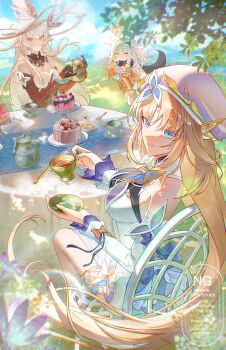 2girls absurdres alice_(genshin_impact) back bare_shoulders beret black_gloves blonde_hair blue_eyes blue_sky breasts cake cake_stand chair cleavage collar commentary_request cup detached_collar detached_sleeves dress elf food from_behind genshin_impact gloves gold_halo halo hat highres leaf long_hair long_sleeves looking_at_viewer looking_back mimemu multiple_girls nicole_(genshin_impact) paimon_(genshin_impact) pointy_ears red_collar red_dress red_eyes red_sleeves side_ahoge sky smile table tablecloth tea teacup teapot tree very_long_hair white_dress white_hair white_hat white_sleeves