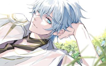 1boy black_necktie blue_eyes collared_shirt hand_on_own_head hashtag-only_commentary honkai:_star_rail honkai_(series) looking_at_viewer male_focus necktie official_alternate_costume phainon_(anan)_(honkai:_star_rail) phainon_(honkai:_star_rail) ronigs shirt solo wet wet_clothes wet_hair wet_shirt white_shirt